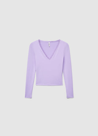 T-shirt a manica lunga con scollo a v e bordo in pizzo