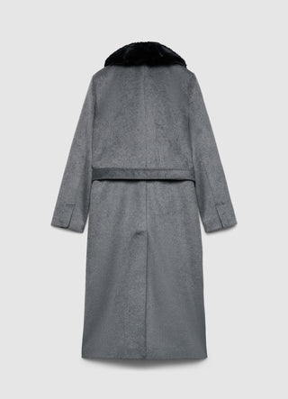 Cappotto lungo con collo in pelliccia sintetica e cintura