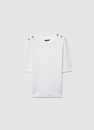 T-shirt in maglia a trecce con bottoni sulle spalle
