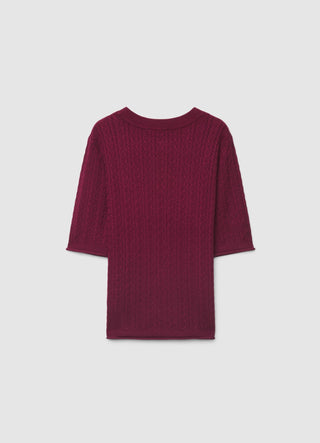 Knitted cable-knit T-shirt with buttons on the shoulders