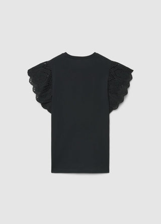T-shirt con maniche a volant sangallo
