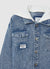 Denim shacket with sweatshirt hood