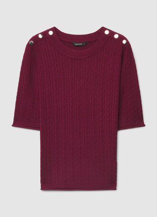 Knitted cable-knit T-shirt with buttons on the shoulders