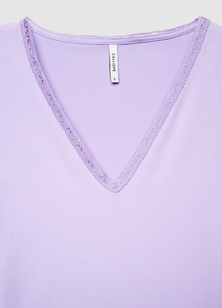 T-shirt a manica lunga con scollo a v e bordo in pizzo