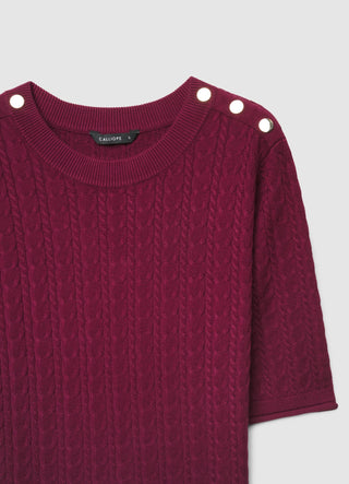 Knitted cable-knit T-shirt with buttons on the shoulders
