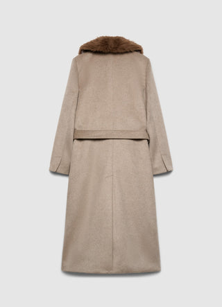 Cappotto lungo con collo effetto pelo e cintura