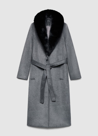 Cappotto lungo con collo in pelliccia sintetica e cintura