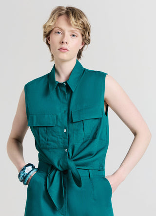 Camicia smanicata misto lino con nodo