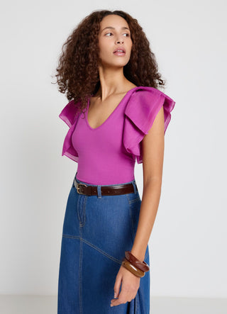 T-shirt con scollo a V e maniche a volant