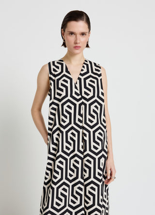 Vestito lungo smanicato con stampa geometrica