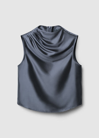 Top simil satin con collo drappeggiato